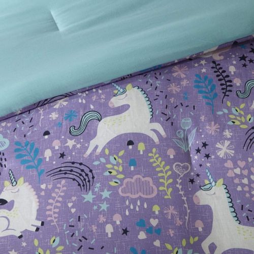  Urban 5 Piece Girls Light Purple Blue White Unicorn Dream Comforter Full Queen Set, Vibrant All Over Girly Magical Unicorns Theme Bedding, Bright Whimsical Multi Magic Creatures Themed P