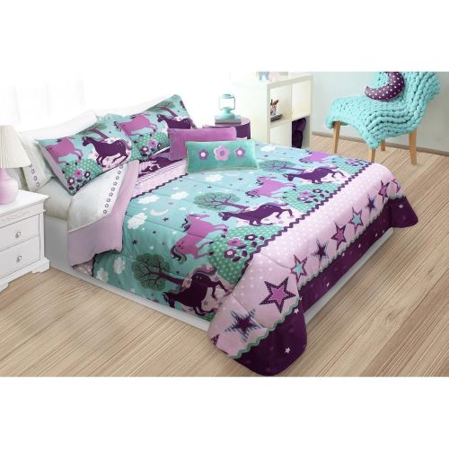  Urban D.I.D. 3 Piece Girls White Blue Purple Unicorn Themed Comforter Full Queen Set, Fun Magical Unicorns Oasis Bedding, All Over Star Stripe Polka Dot Tree Cloud Pattern, Polyester