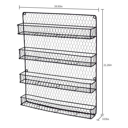  Urban Deco Chicken Wire Spice Rack [4 Tier] Wall Mounted Spice Rack Organizer, Rural Style Spice Organizer, Spice Rack Wall Mount (Black)