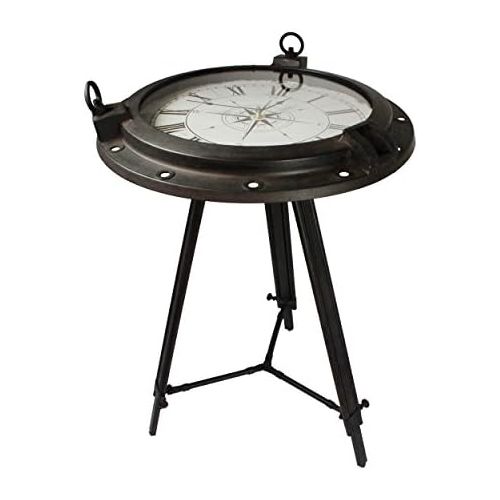  Urban Designs Industrial Porthole Metal Round Clock Coffee & End Table, Brown