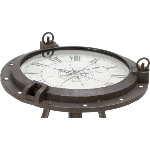  Urban Designs Industrial Porthole Metal Round Clock Coffee & End Table, Brown