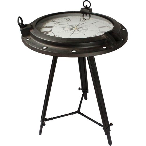  Urban Designs Industrial Porthole Metal Round Clock Coffee & End Table, Brown
