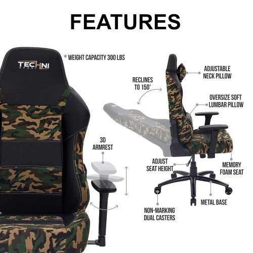  Urban Designs Land Force Ergonomic Racer Style Video Gaming Chair - Green Camo