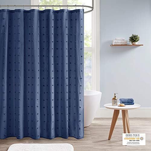  Urban Habitat Brooklyn Cotton Fabric Shower Curtain Jacquard Pom Machine Washable Shabby Chic Modern Home Bathroom Decor Bathtub Privacy Screen, 70 x 72, Indigo Blue