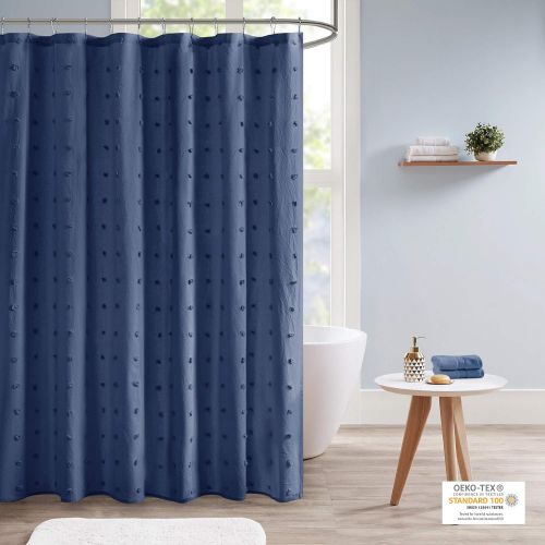  Urban Habitat Brooklyn Cotton Fabric Shower Curtain Jacquard Pom Machine Washable Shabby Chic Modern Home Bathroom Decor Bathtub Privacy Screen, 70 x 72, Indigo Blue