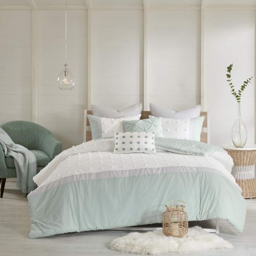  Urban Habitat Myla KingCal King Size Bed Comforter Set Bed in A Bag - Ivory, Seafoam Green, Jacquard Tufted Dots Pom Pom  7 Pieces Bedding Sets  100% Cotton Bedroom Comforters