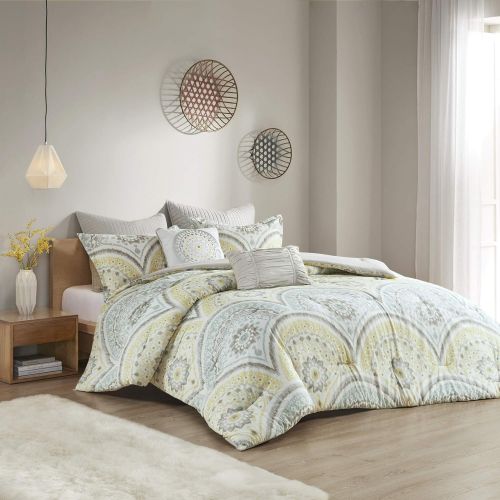  Urban Habitat Matti Comforter Set KingCal King Bedding Sets Bed in A Bag - Pale Aqua, Yellow, Medallion  7 Piece Teen Bed Set  100% Cotton Percale Bed Comforter