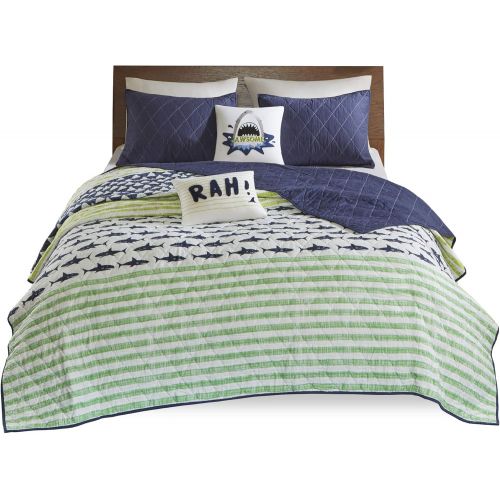  [아마존베스트]Urban Habitat Kids Finn Twin/Twin Xl Bedding Sets Boys Quilt Set - Green, Navy , Shark Stripe  4 Piece Kids Quilt For Boys  100% Cotton Quilt Sets Coverlet