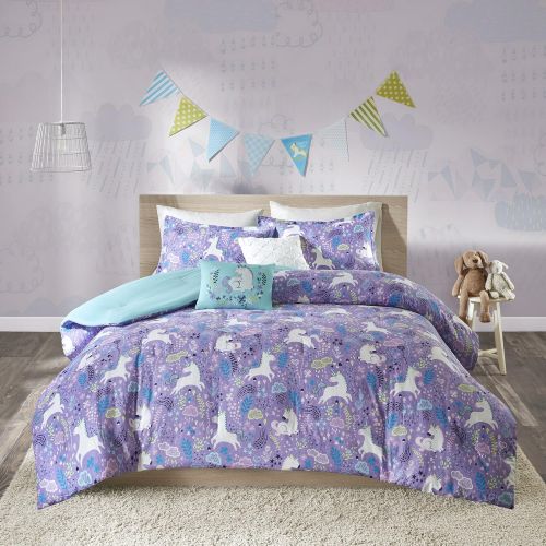  Urban Habitat Kids Lola FullQueen Comforter Sets for Girls - Purple, Aqua, Unicorns  5 Pieces Kids Girl Bedding Set  100% Cotton Childrens Bedroom Bed Comforters