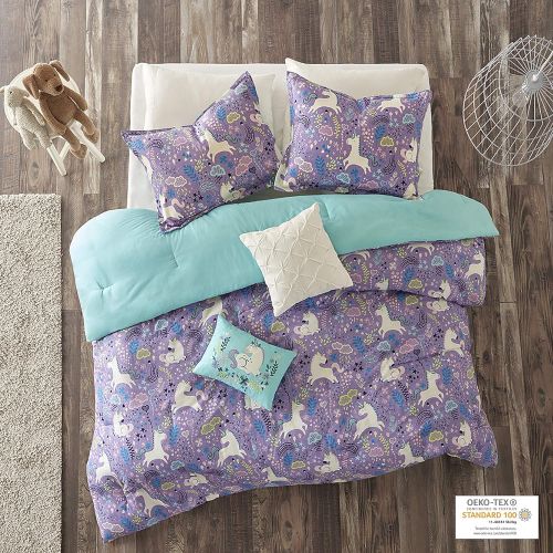  Urban Habitat Kids Lola FullQueen Comforter Sets for Girls - Purple, Aqua, Unicorns  5 Pieces Kids Girl Bedding Set  100% Cotton Childrens Bedroom Bed Comforters