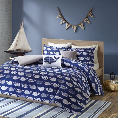  Urban Habitat Kids Moby Twin/Twin XL Kids Bedding Sets for Boys - Navy, Whale  4 Pieces Boy Comforter Set  100% Cotton Kid Childrens Bedroom Comforters