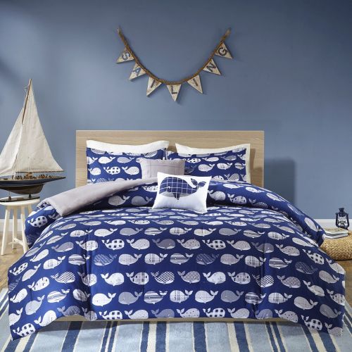  Urban Habitat Kids Moby Twin/Twin XL Kids Bedding Sets for Boys - Navy, Whale  4 Pieces Boy Comforter Set  100% Cotton Kid Childrens Bedroom Comforters