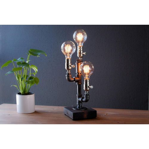  Urban Industrial Craft Industrial Steampunk table pipe lamp with Globe Edison bulb and oak wood base