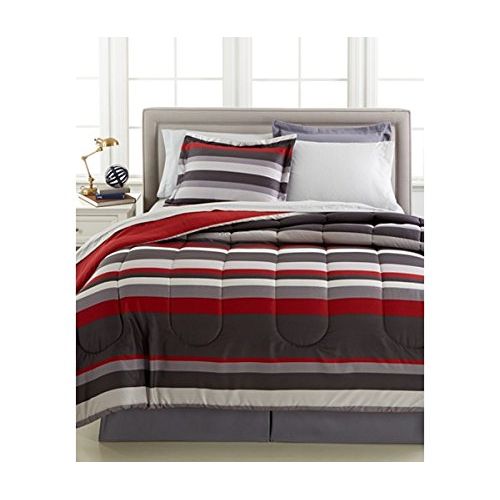  Urban Living Gray & Red Teen Boys Stripe Reversible Full Comforter Set (8 Piece Bed In Bag) + HOMEMADE WAX MELT