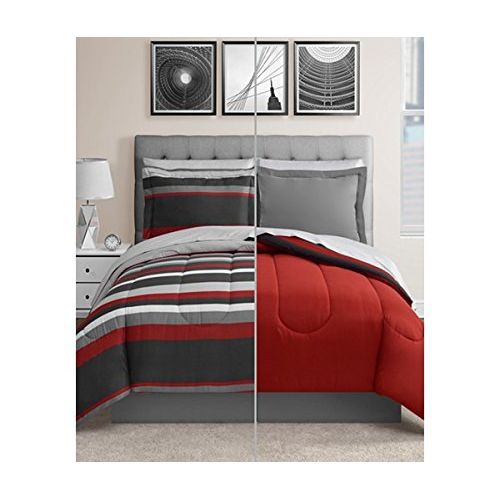  Urban Living Gray & Red Teen Boys Stripe Reversible Full Comforter Set (8 Piece Bed In Bag) + HOMEMADE WAX MELT