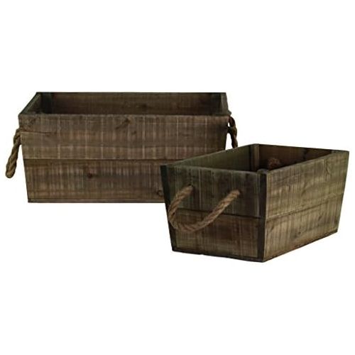  Urban Trends 35132 Rectangle Crate with 2 Rope Handles Weathered Wood Finish (Set of 2), Brown, 2 Piece