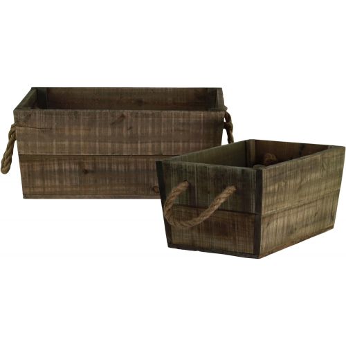  Urban Trends 35132 Rectangle Crate with 2 Rope Handles Weathered Wood Finish (Set of 2), Brown, 2 Piece