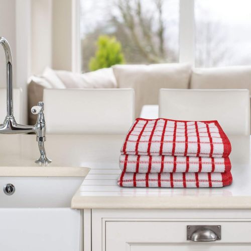  Urban Villa Terry Kitchen Towels, Premium Quality, 100% Cotton, Ultra Soft (Size: 20X30 Inch), Red/White Highly Absorbent Over Sized Kitchen Towels with Hanging Loop- (Set of 3)