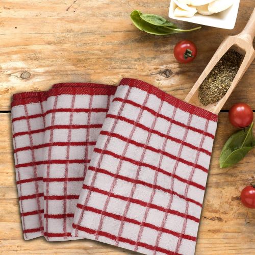  Urban Villa Terry Kitchen Towels, Premium Quality, 100% Cotton, Ultra Soft (Size: 20X30 Inch), Red/White Highly Absorbent Over Sized Kitchen Towels with Hanging Loop- (Set of 3)