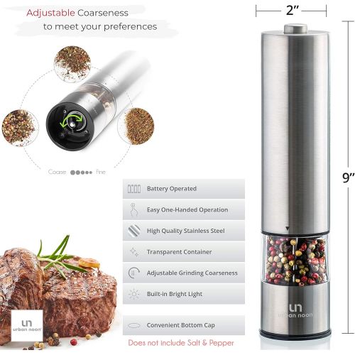  Urban noon Electric Salt and Pepper Grinder Set - Battery Operated Stainless Steel Mill with Light (Pack of 2 Mills) - Automatic One Handed Operation - Electronic Adjustable Shakers - Ceramic