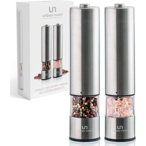  Urban noon Electric Salt and Pepper Grinder Set - Battery Operated Stainless Steel Mill with Light (Pack of 2 Mills) - Automatic One Handed Operation - Electronic Adjustable Shakers - Ceramic