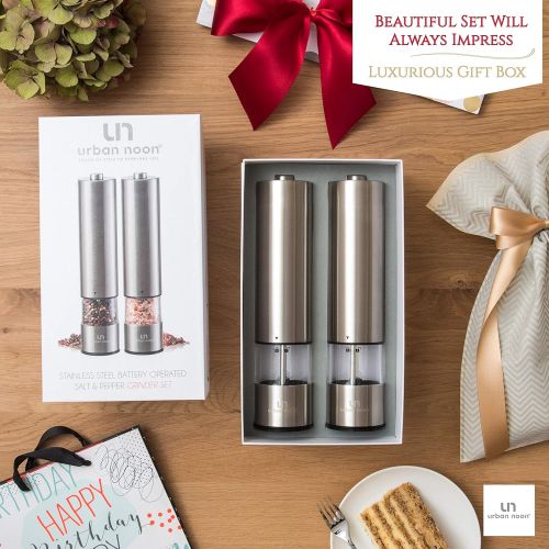  Urban noon Electric Salt and Pepper Grinder Set - Battery Operated Stainless Steel Mill with Light (Pack of 2 Mills) - Automatic One Handed Operation - Electronic Adjustable Shakers - Ceramic