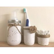 UrbanHomeGallery Rustic Mason Jar Bathroom Organizer, Mason Jar Bathroom Set, 3pc. Mason Jar Soap Pump, Bathroom Jar Storage Set Bathroom Accessories