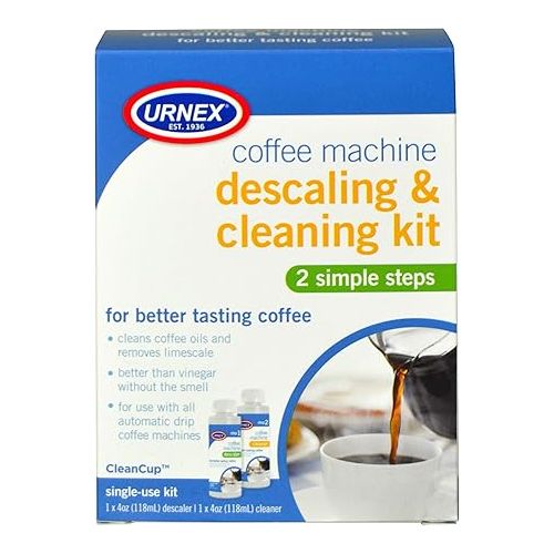  Urnex Coffee Maker Cleaner and Descaler Kit - 2 Single Use Bottles - Professional at Home Coffee Machine Cleaning and Descaling