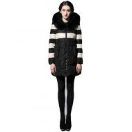 Ursfashion Winter Womens Raccoon Fur Hoodie Duck Down Coat White-Black Strip Long Warm Coat