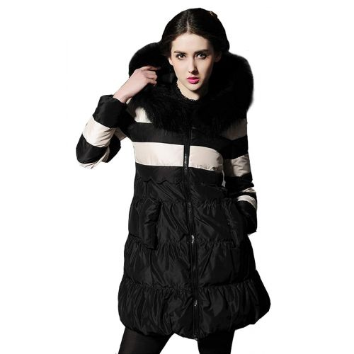  Ursfashion Winter Womens Raccoon Fur Hoodie Duck Down Coat White-Black Strip Long Warm Coat