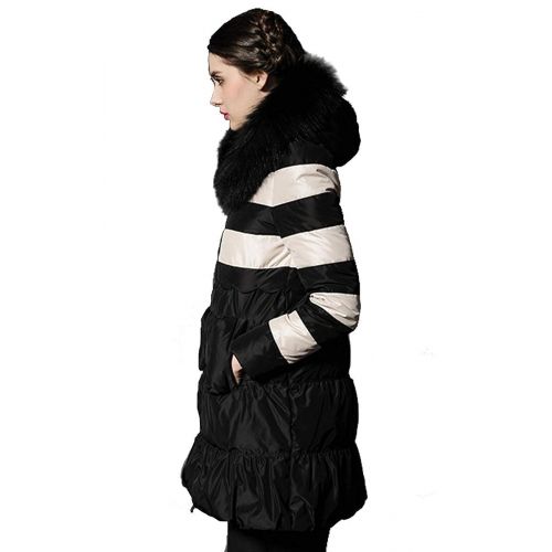  Ursfashion Winter Womens Raccoon Fur Hoodie Duck Down Coat White-Black Strip Long Warm Coat