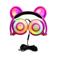Ururtm Bear Ear Kids Headphones, Foldable Over-Ear Gaming Headsets with LED Light and Microphone for ipad, Laptop, Tablets and cellphones (Pink)