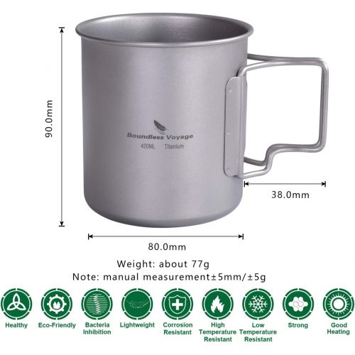  usharedo Titanium Coffee Mug Titanium Pots Titanium Cup with Foldable Handle Outdoor Camping Water Mug Tableware 14.3oz/420ml Ti1518B