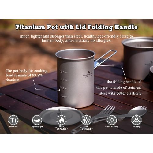  usharedo Ultralight Portable 900ml Outdoor Titanium Pot with Lid Folding Handle Camping Water Rice Food Bowl Cup Mug Bottle Ti15103B