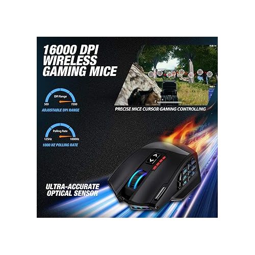  UtechSmart Venus Pro RGB Wireless MMO Gaming Mouse, 16,000 DPI Optical Sensor, 2.4 GHz Transmission Technology, Ergonomic Design, 16M Chroma RGB Lighting, 16 programmable Buttons, Up to 70 Hours