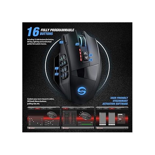  UtechSmart Venus Pro RGB Wireless MMO Gaming Mouse, 16,000 DPI Optical Sensor, 2.4 GHz Transmission Technology, Ergonomic Design, 16M Chroma RGB Lighting, 16 programmable Buttons, Up to 70 Hours