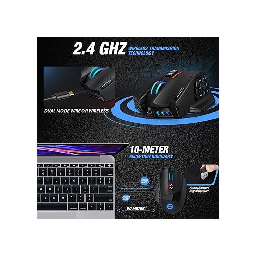  UtechSmart Venus Pro RGB Wireless MMO Gaming Mouse, 16,000 DPI Optical Sensor, 2.4 GHz Transmission Technology, Ergonomic Design, 16M Chroma RGB Lighting, 16 programmable Buttons, Up to 70 Hours