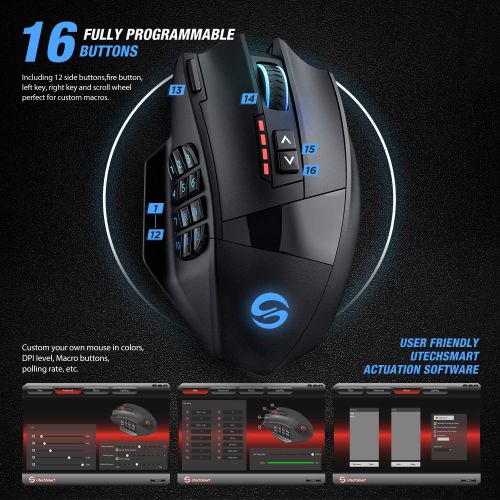  [아마존베스트]UtechSmart Venus Pro RGB Wireless MMO Gaming Mouse, 16,000 DPI Optical Sensor, 2.4 GHz Transmission Technology, Ergonomic Design, 16M Chroma RGB Lighting, 16 programmable Buttons,