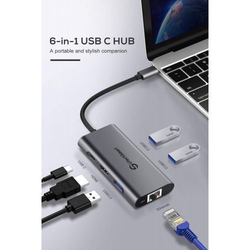  USB C Hub, UtechSmart 6 in 1 USB C to HDMI Adapter with 1000M Ethernet, Power Delivery PD Type C Charging Port, 3 USB 3.0 Ports Adapter Compatible for MacBook Pro, ChromeBook, XPS,