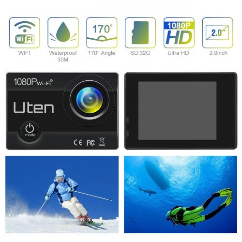  Action Sport Kamera, Uten WiFi Helmkamera 1080P FHD 12MP Cam 170 Ultra-Weitwinkel Unterwasserkamera wasserdicht mit Montage Zubehoer Kit fuer Radfahren Schwimmen Klettern Tauchen