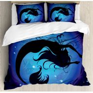 Utopia Ambesonne Mermaid Duvet Cover Set, Silhouette of Aquatic Girl on Moon Sky Background Fictional Print, Decorative 3 Piece Bedding Set with 2 Pillow Shams, Queen Size, Purple Black