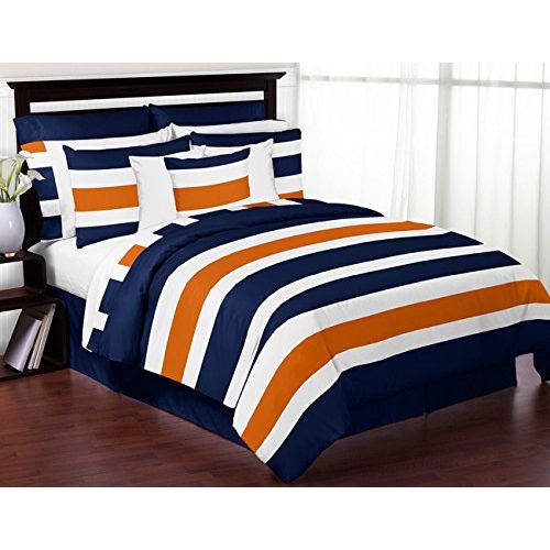  Utopia Sweet Jojo Designs 3-Piece Navy Blue, Orange and White Childrens, Teen Full/Queen Boys Stripe Bedding Set Collection