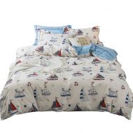 Utopia LAYENJOY Cotton Kids Cartoon Duvet Cover Set Queen Size Nautical Sailboat Yacht Crinkle Pattern Printed Blue Comforter Cover Full for Teens Boys Girls 3 Piece, No Comforter