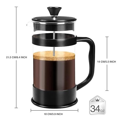  Utopia Kitchen 34 Ounce 1 Liter French Press Coffee Maker, Tea Maker, Travel Coffee Presses, Cold Brew Heat Resistant Thickened Borosilicate Coffee Pot for Camping Travel Gifts, Black