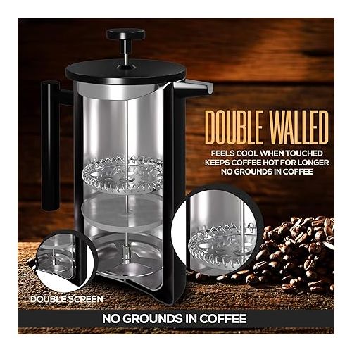  Utopia Kitchen Stainless Steel French Press Coffee Maker 12 Oz, French Press Tea Maker, Camping French Press Coffee Maker, Cold Brew Portable Travel Coffee Presses, Tea Press Gifts Black