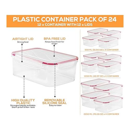  Utopia Kitchen Plastic Food Storage Container Set with Airtight Lids - Pack of 24 (12 Containers & 12 Snap Lids)- Reusable & Leftover Lunch Boxes - Leak Proof & Microwave Safe