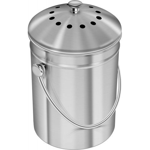  [아마존 핫딜] [아마존핫딜]Utopia Kitchen Stainless Steel Compost Bin for Kitchen Countertop - 1.3 Gallon Compost Bucket Kitchen Pail Compost with Lid - Includes 1 Spare Charcoal Filter