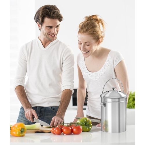  [아마존 핫딜] [아마존핫딜]Utopia Kitchen Stainless Steel Compost Bin for Kitchen Countertop - 1.3 Gallon Compost Bucket Kitchen Pail Compost with Lid - Includes 1 Spare Charcoal Filter