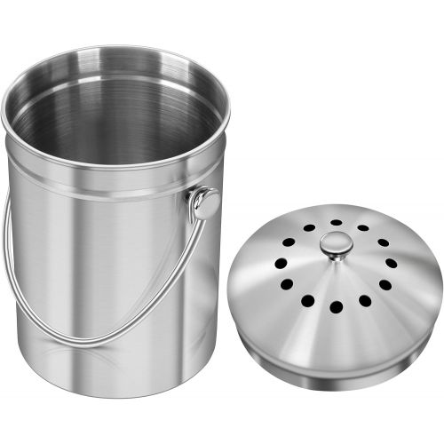  [아마존 핫딜] [아마존핫딜]Utopia Kitchen Stainless Steel Compost Bin for Kitchen Countertop - 1.3 Gallon Compost Bucket Kitchen Pail Compost with Lid - Includes 1 Spare Charcoal Filter