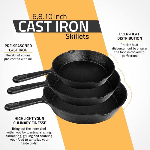  [아마존베스트]Utopia Kitchen Pre-Seasoned Cast Iron Skillet Set 3-Piece - 6 Inch, 8 Inch and 10 Inch